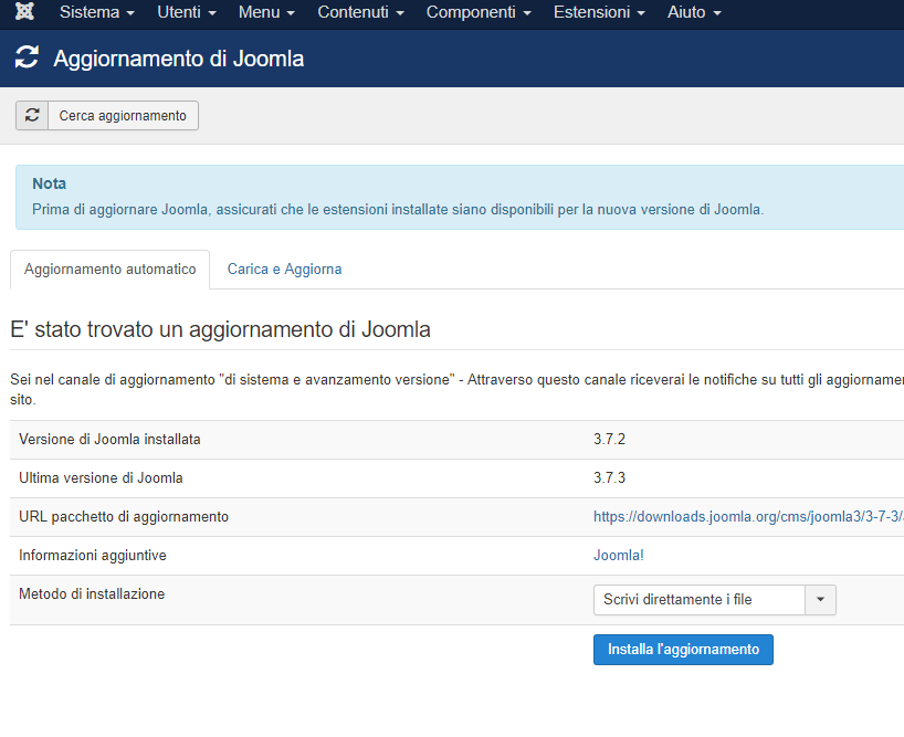 Anteprima procedura di aggiornamento Joomla 3.8.4