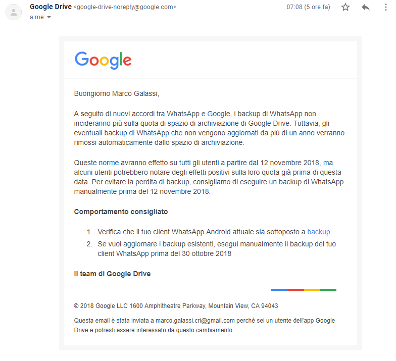 L'email originale di Google