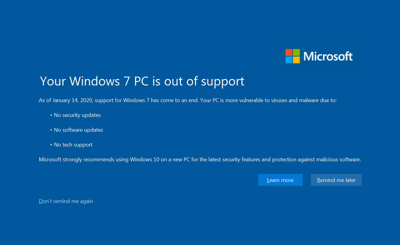 Fine del supporto a Windows 7