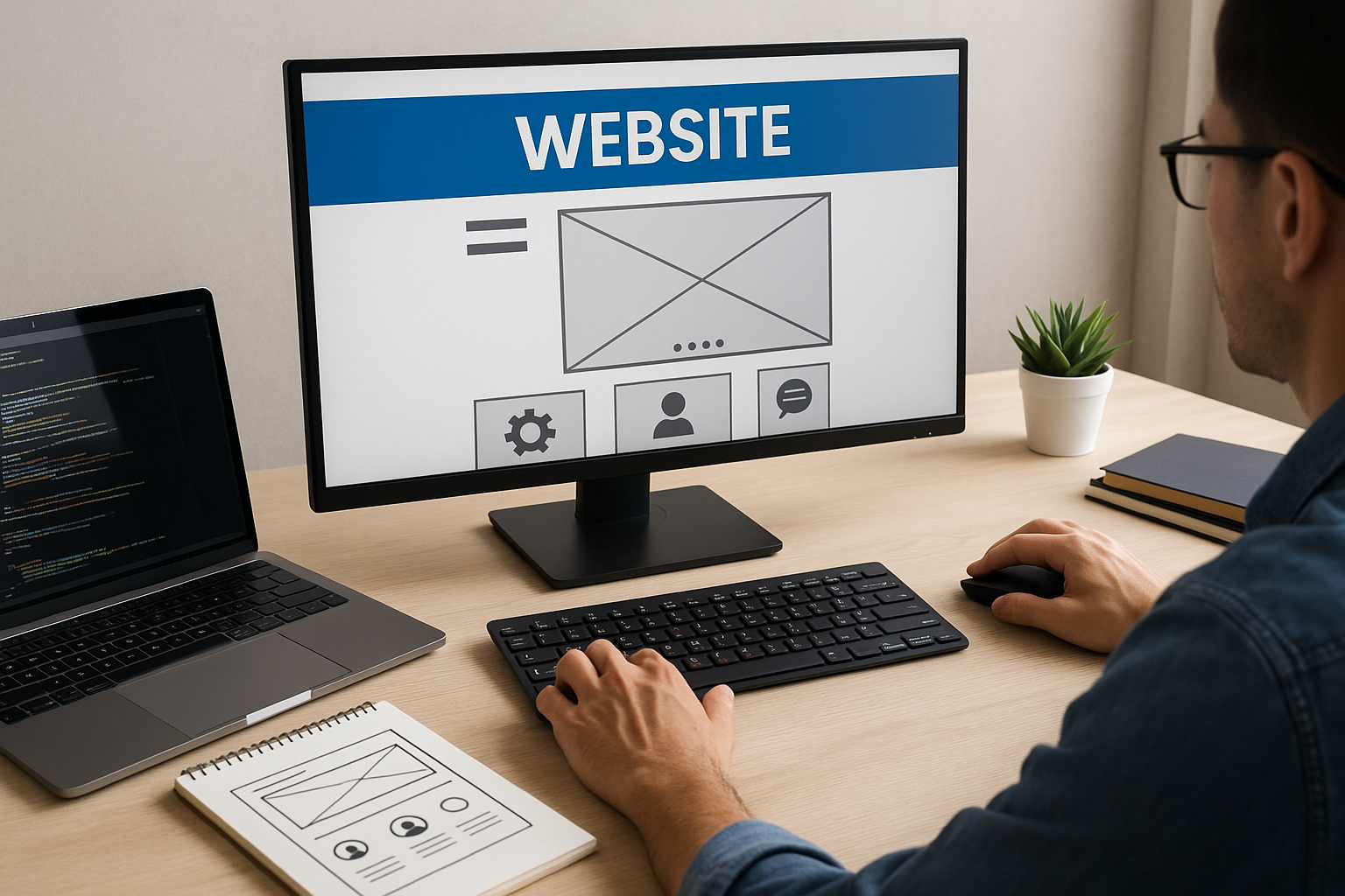 Web designer che crea il layout di un sito web su monitor widescreen in ufficio.