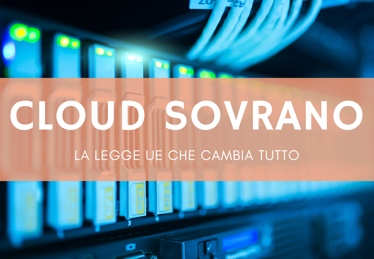 Data center europeo con rack server illuminati da luci blu, sovranità cloud