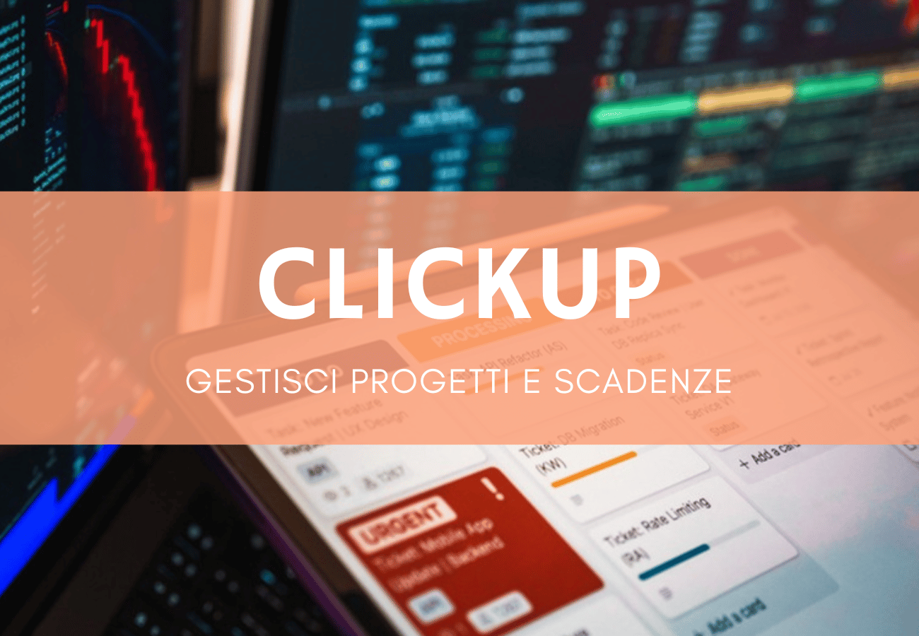 Schermata kanban board su laptop in ufficio moderno per gestione progetti ClickUp