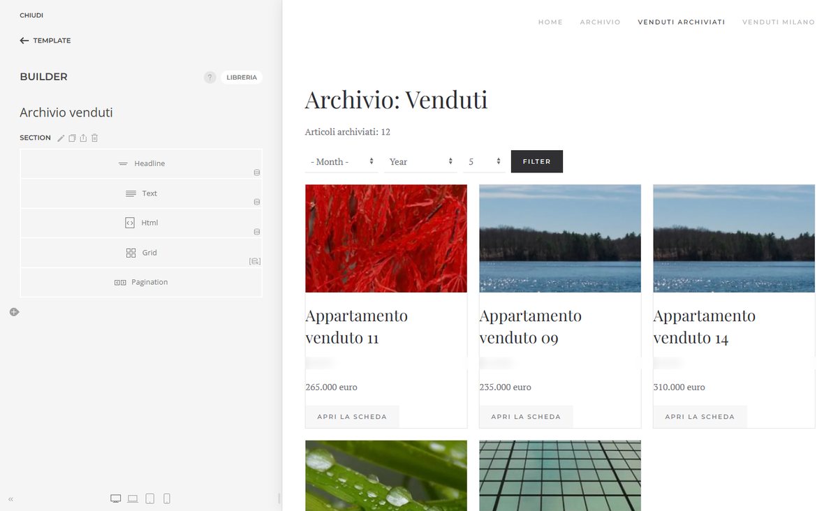 Customizer di YOOtheme Pro in italiano: a sinistra il builder con gli elementi del template Archivio venduti, a destra l'anteprima della pagina archivio con le card