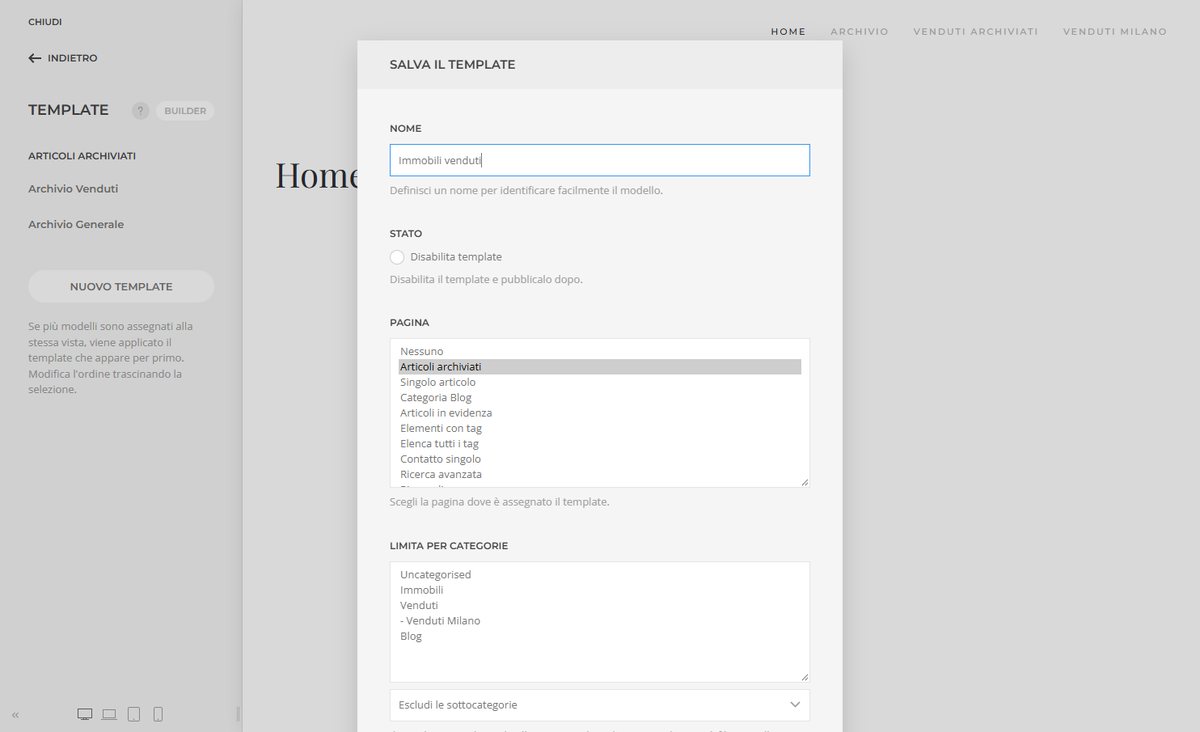Finestra Nuovo template di YOOtheme Pro: nell'elenco Pagina è selezionato il nuovo tipo Articoli archiviati, aggiunto dal plugin