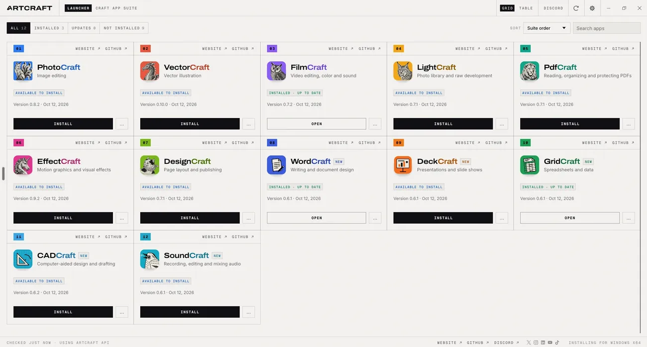 Launcher di ArtCraft con le dodici app Craft, le versioni e i pulsanti di installazione