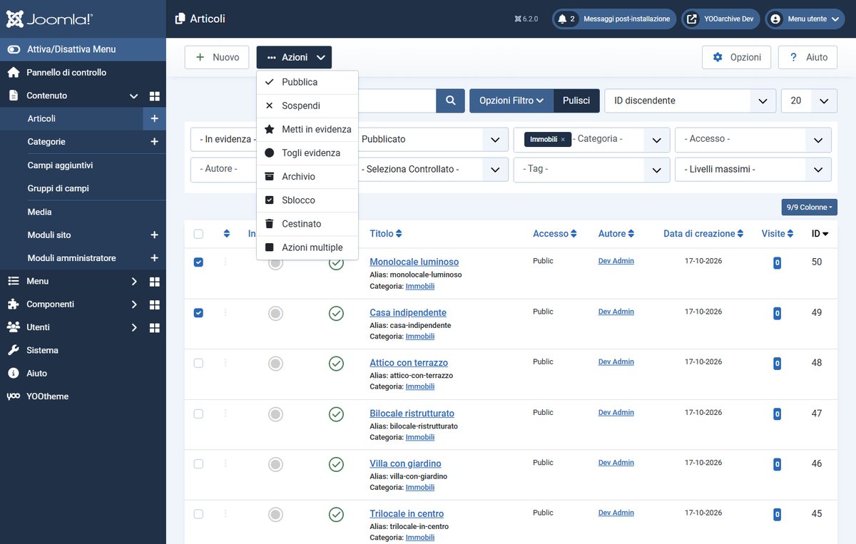 Elenco articoli di Joomla con due articoli selezionati e il menu Azioni aperto sulla voce Archivio