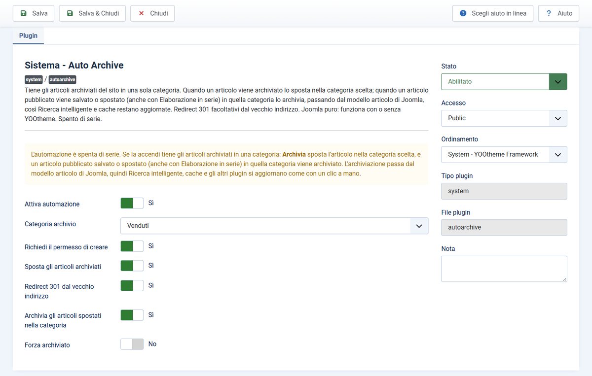 Opzioni del plugin Auto Archive in Joomla: automazione attiva, categoria archivio scelta e interruttori per spostare, reindirizzare e archiviare
