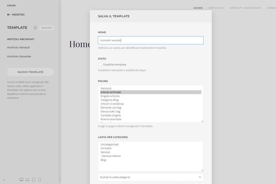 Finestra Nuovo template di YOOtheme Pro con il tipo Articoli archiviati selezionato