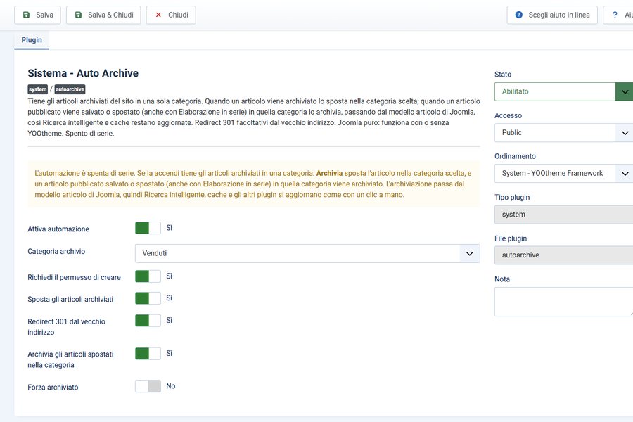 Opzioni del plugin Auto Archive in Joomla con automazione attiva e categoria archivio scelta