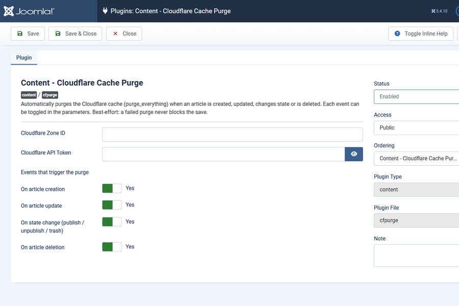 Impostazioni del plugin Cloudflare Cache Purge in Joomla con un interruttore per ogni evento