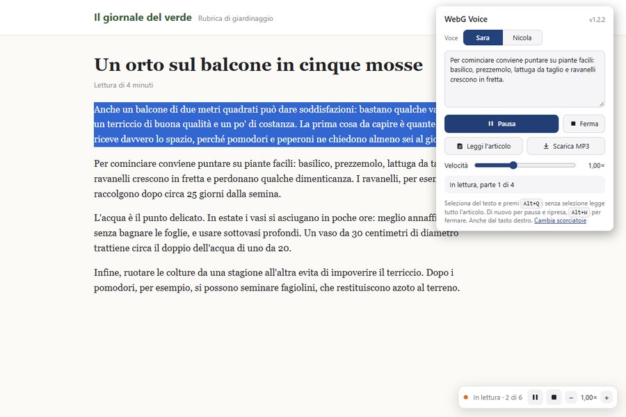 WebG Voice mentre legge una pagina, con la frase evidenziata e il pannello dell'estensione