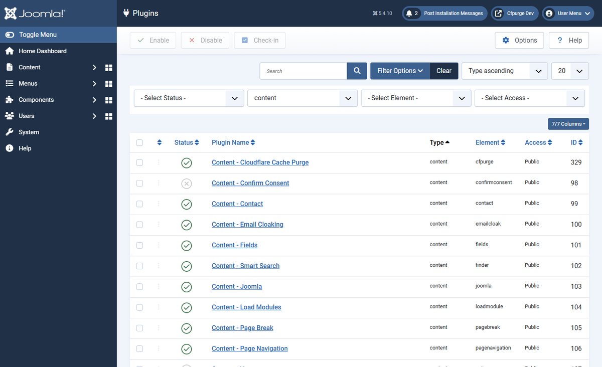 Elenco dei plugin Content di Joomla con Cloudflare Cache Purge attivo
