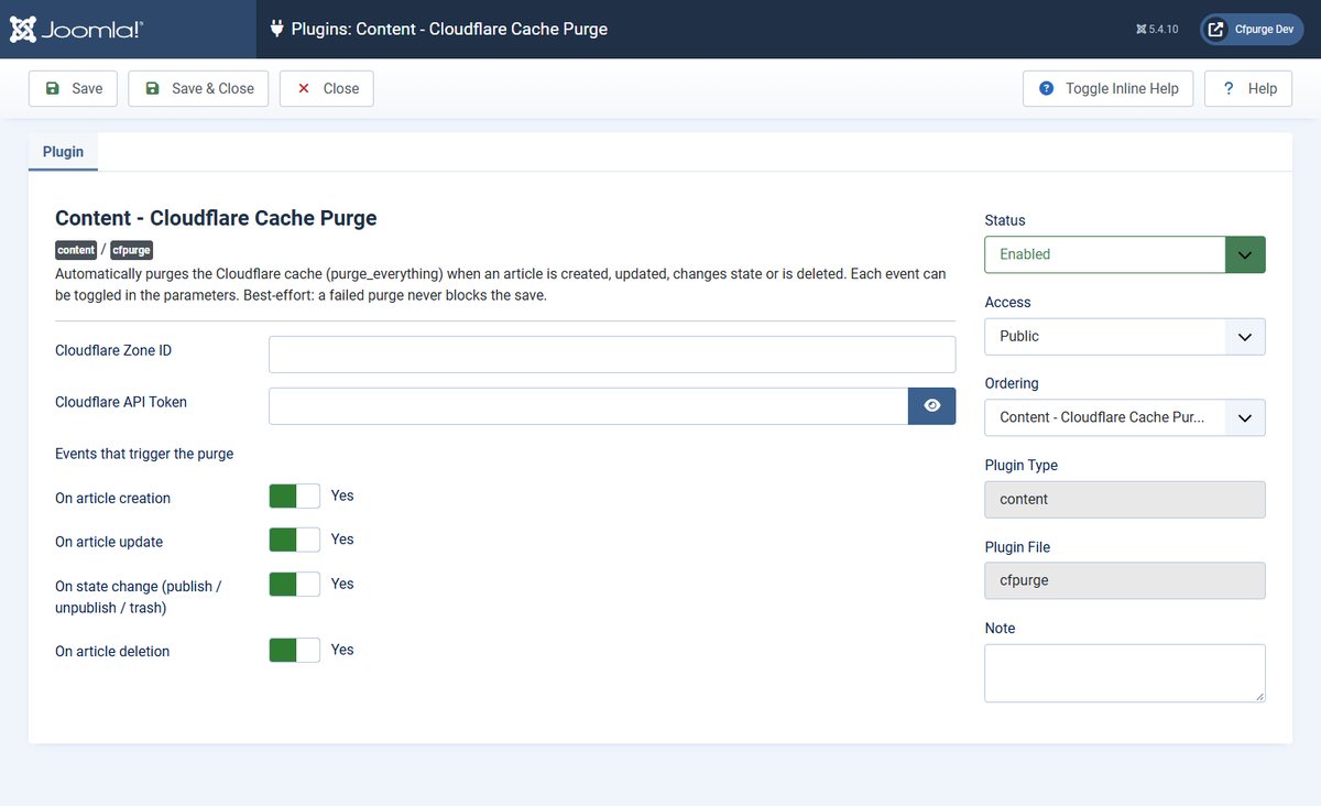 Impostazioni del plugin Cloudflare Cache Purge in Joomla: un interruttore per ogni evento che svuota la cache e i campi per Zone ID e token, lasciati vuoti