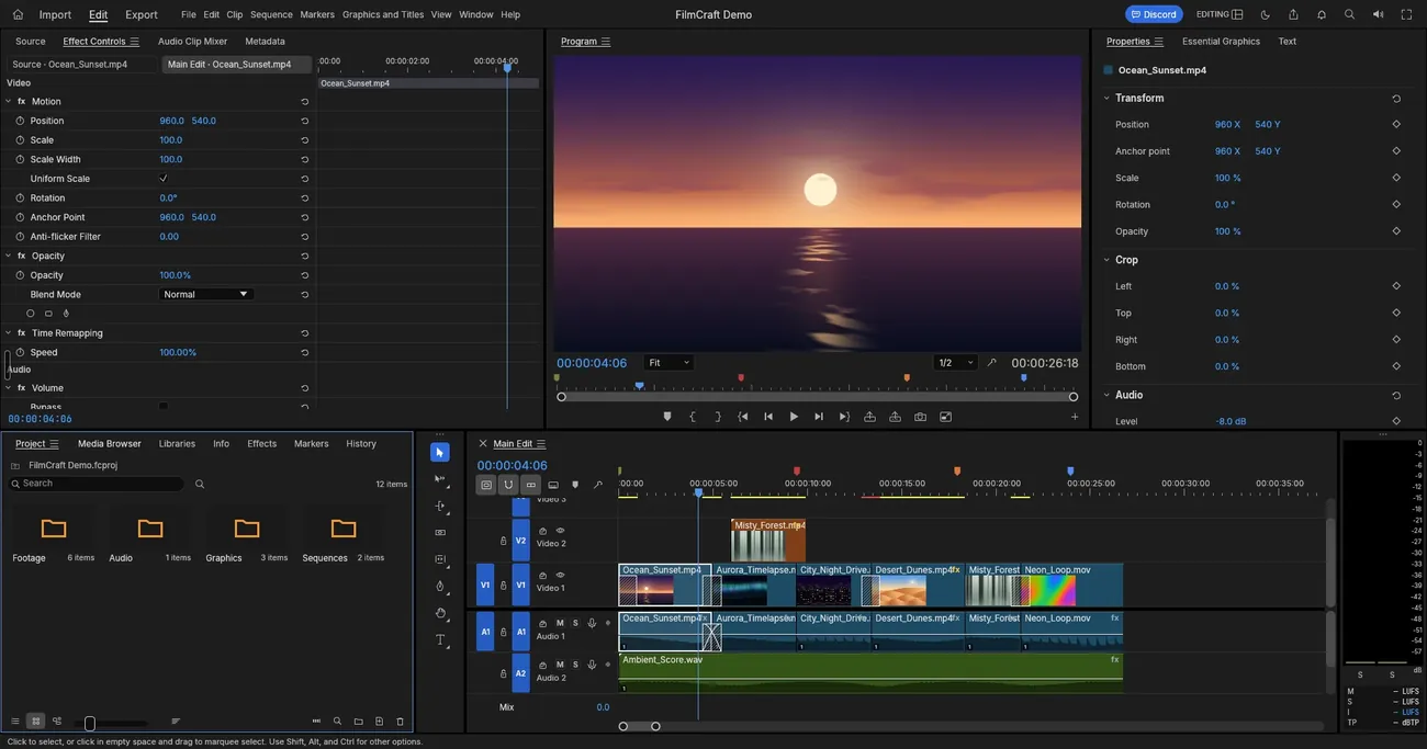 Progetto di montaggio in FilmCraft, alternativa a Premiere, con timeline e anteprima video