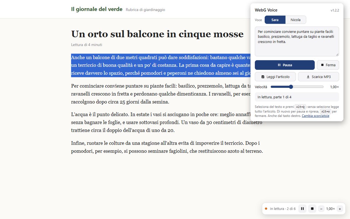WebG Voice mentre legge una pagina: la frase in lettura è evidenziata nel testo e il pannello dell'estensione mostra voce, pausa, velocità e scarica MP3