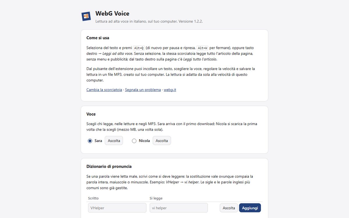 Pagina delle opzioni di WebG Voice: scelta fra le voci Sara e Nicola con il pulsante Ascolta e dizionario di pronuncia