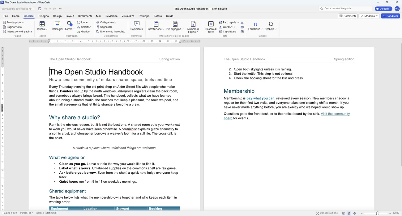 Documento di esempio aperto in WordCraft, alternativa a Word con i menu in italiano