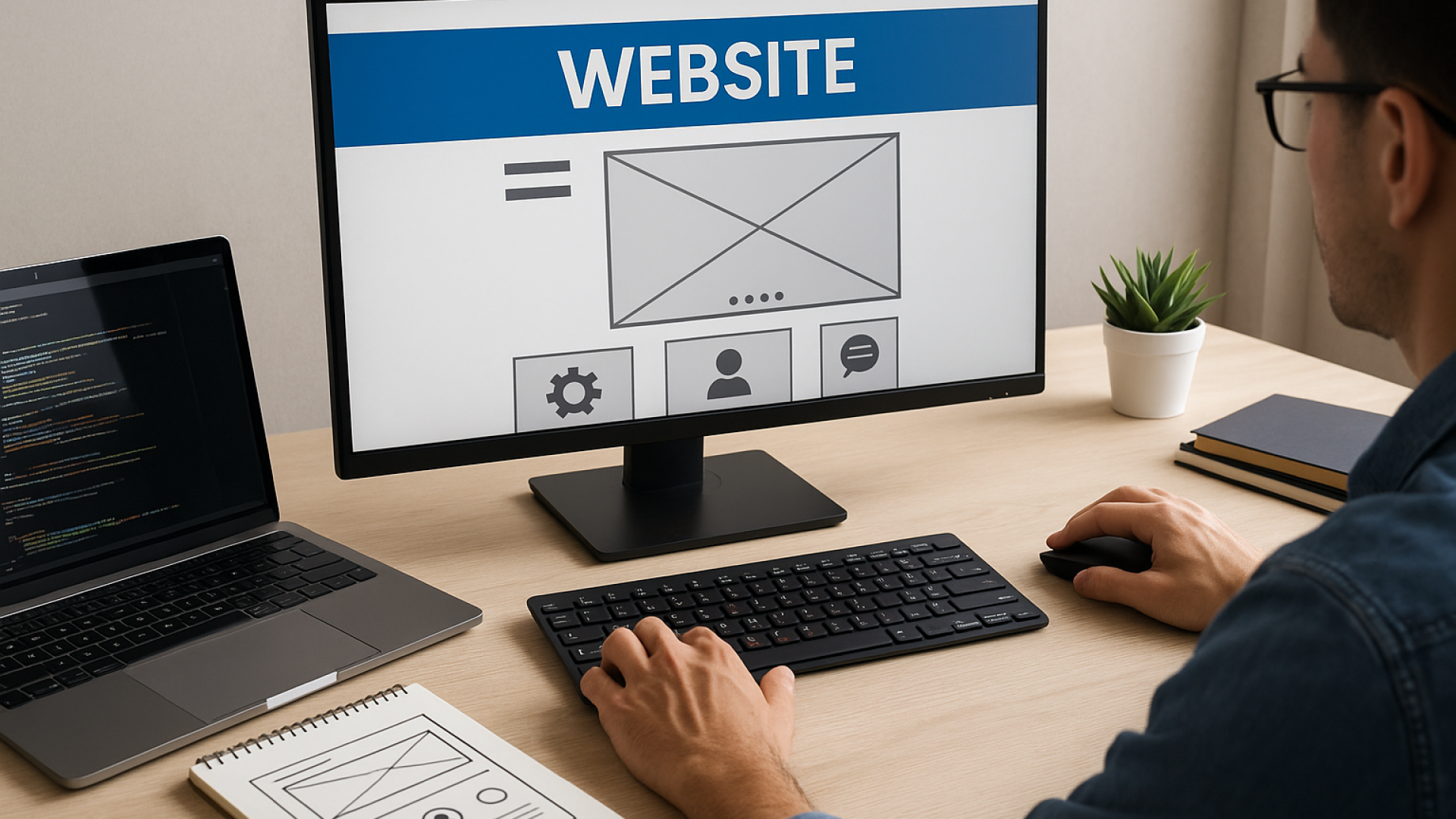 Web designer che crea il layout di un sito web su monitor widescreen in ufficio.