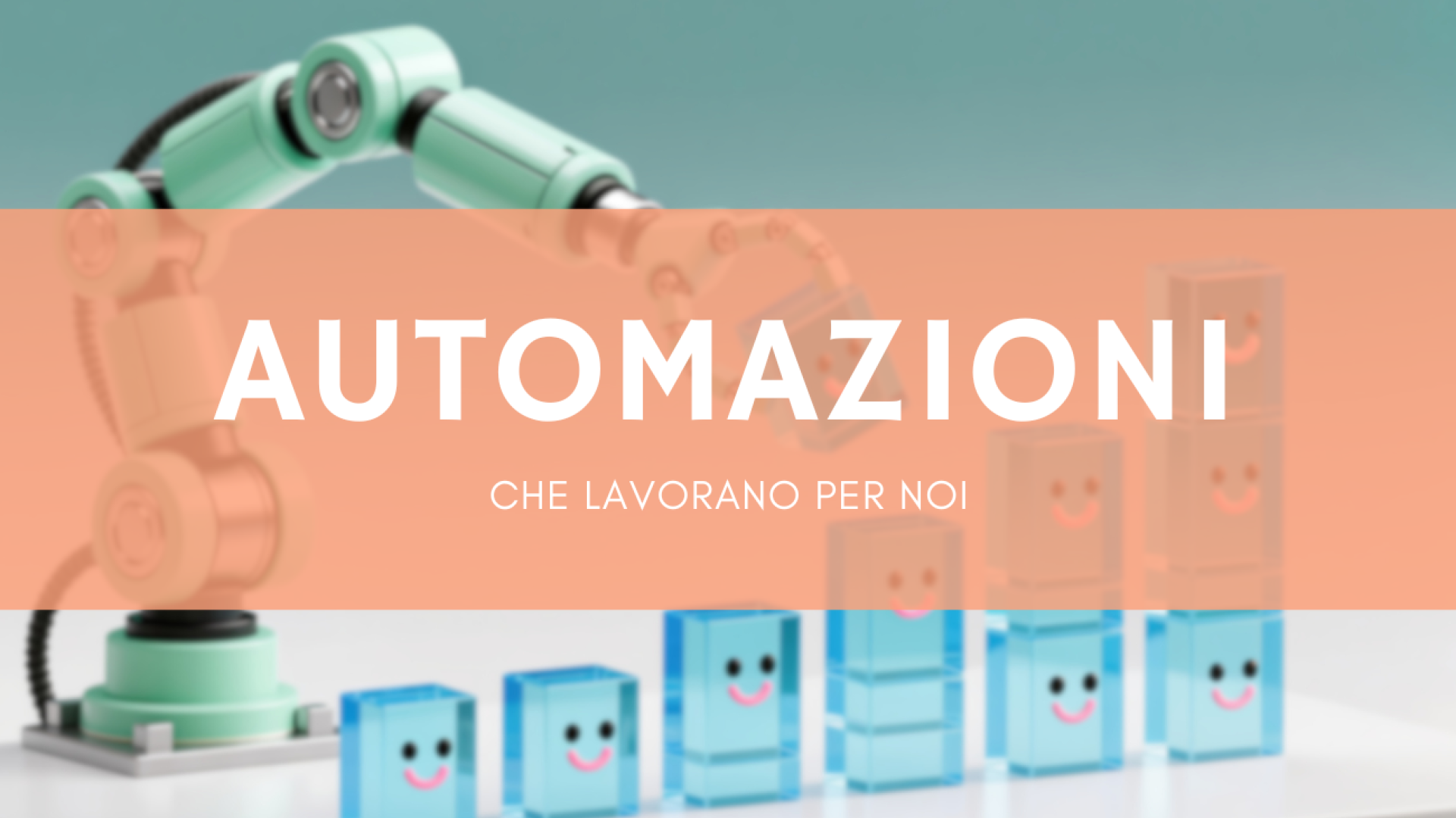 Illustrazione di un braccio robotico che automatizza blocchi digitali sorridenti, simbolo di automazioni che lavorano in autonomia