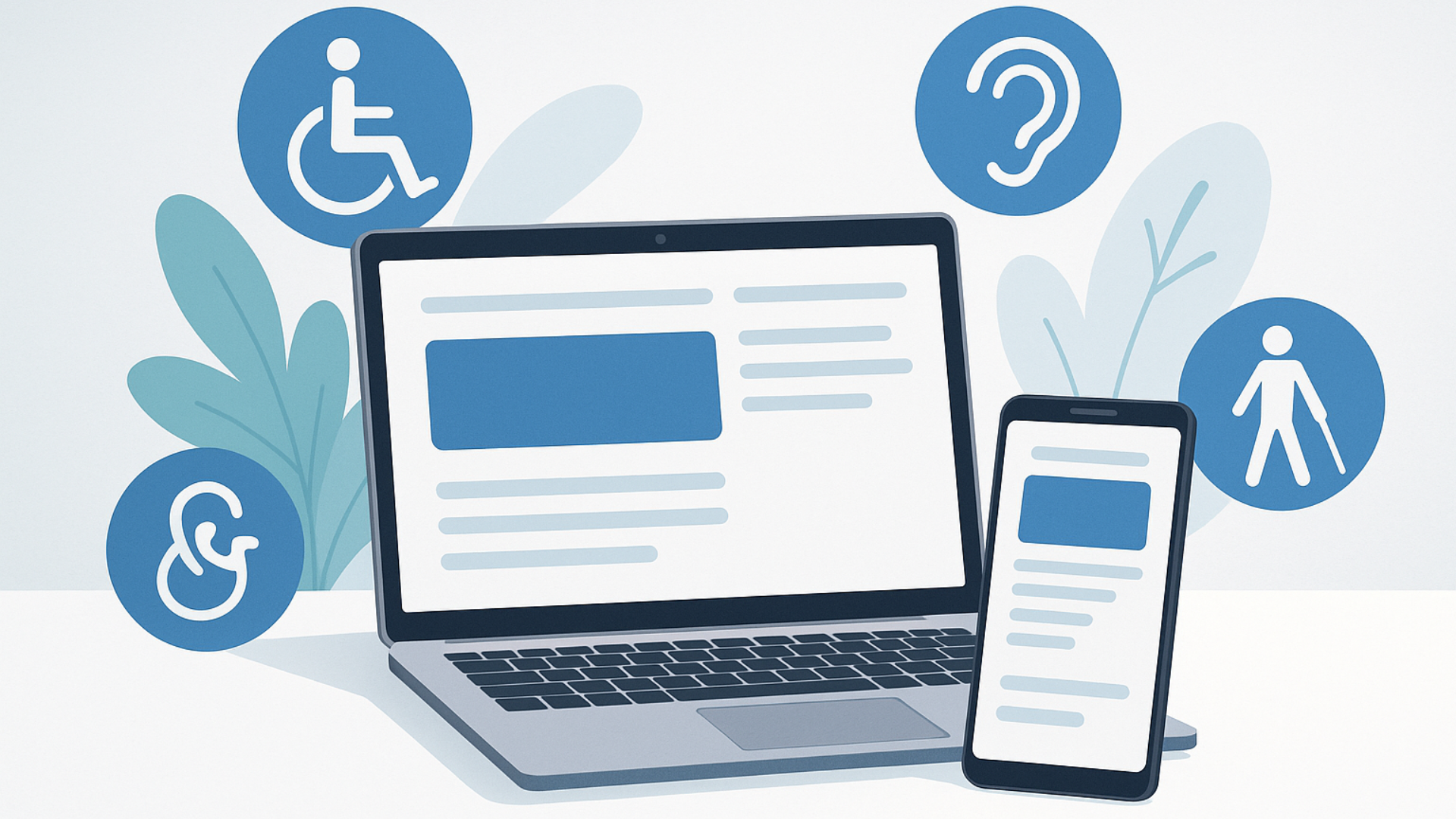 Immagine che evidenzia l’importanza dell’accessibilità digitale con icone di disabilità e tecnologia.