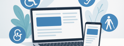 Immagine che evidenzia l'importanza dell'accessibilità digitale con icone di disabilità e tecnologia.